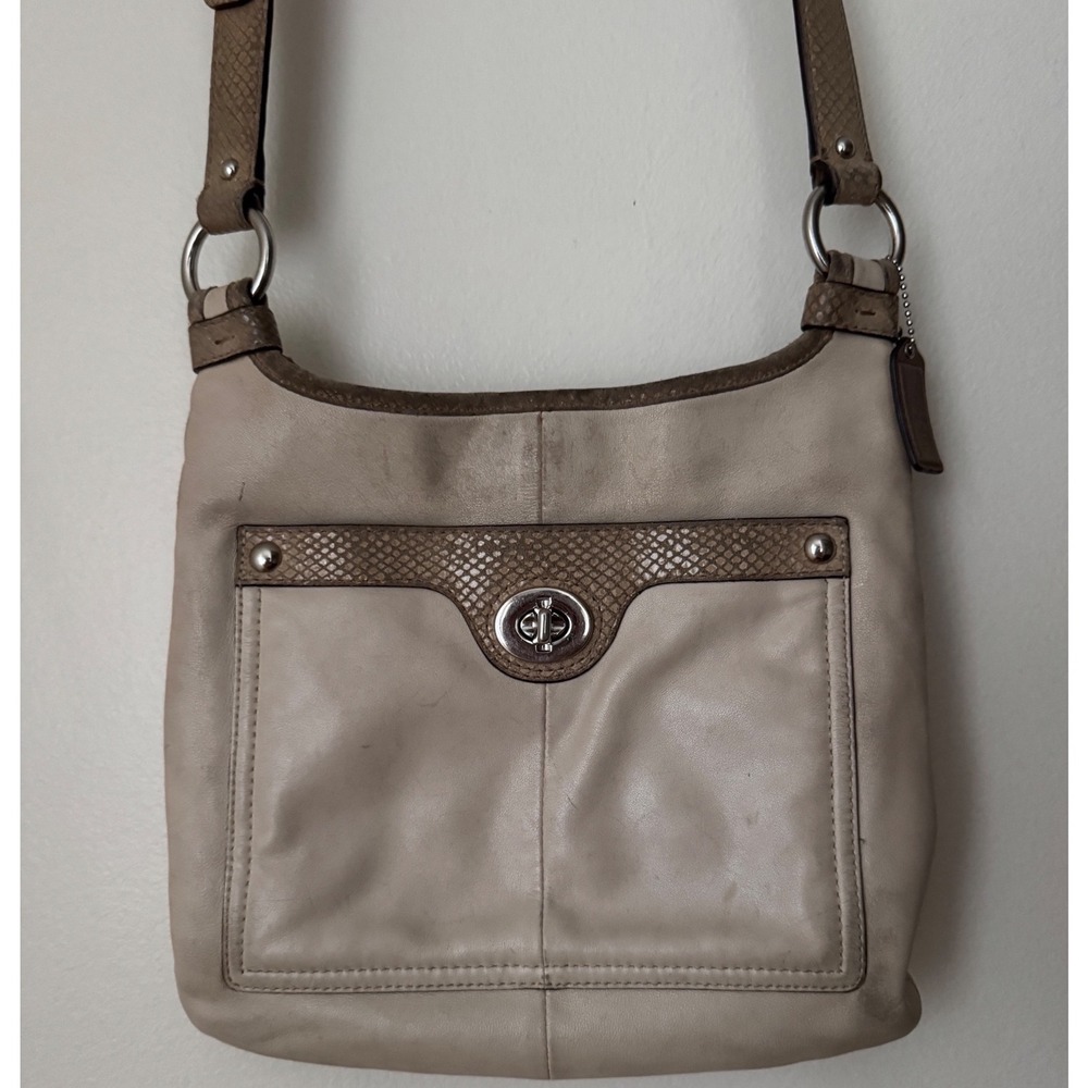 Coach Cream Leather Snakeskin Trim Crossbody Bag Taupe Turnlock Pocket  Y2K